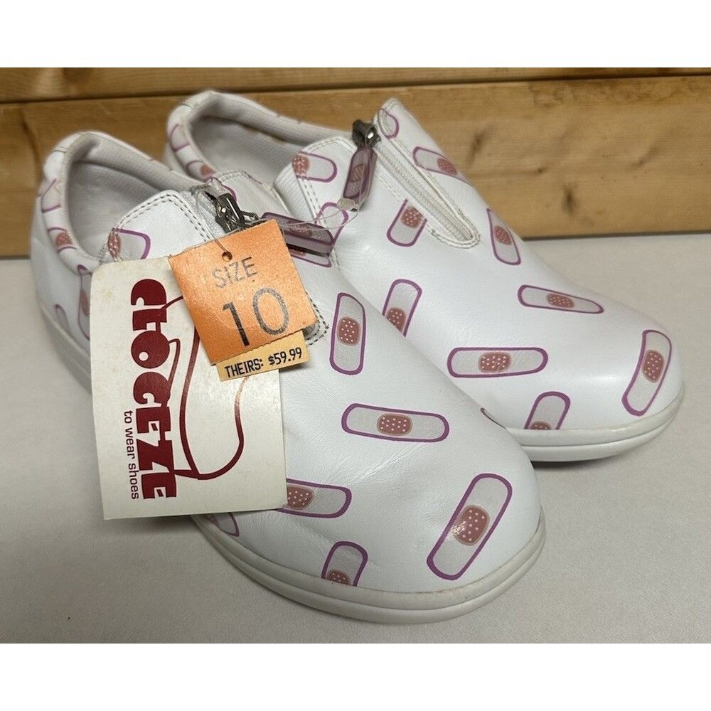 Croeze Comfort Shoes Women White Pink Bandage Print Slip On Zipper Medical Nurse